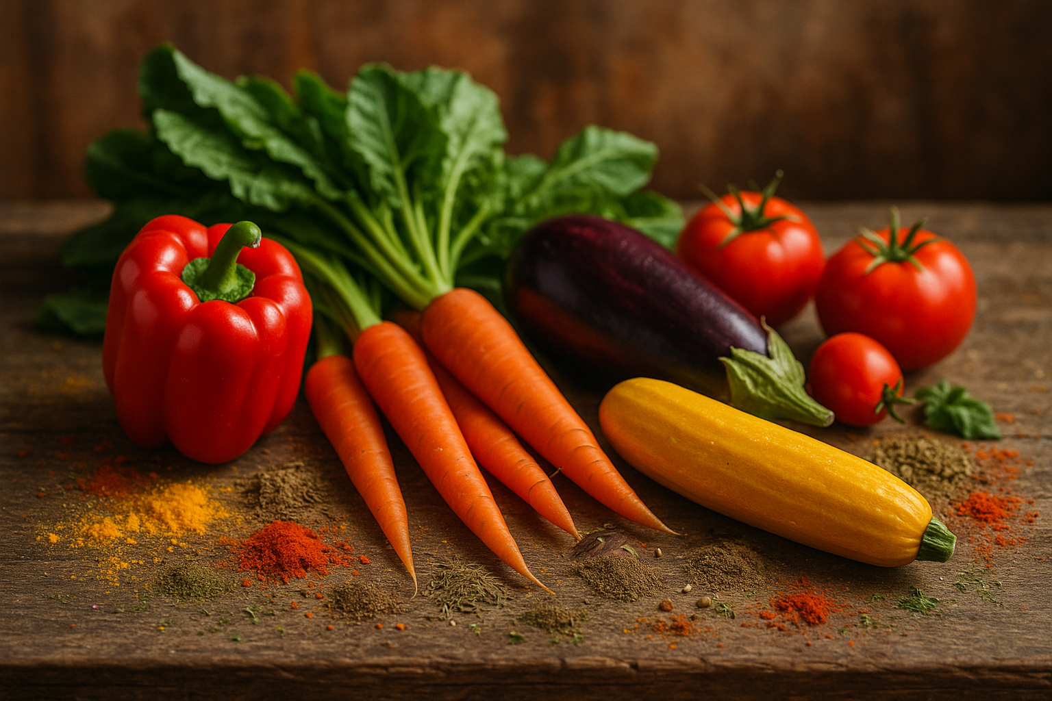 fresh vegitables colorful, with colorful spices on a rustic wooden table, rustic background slightly blurred